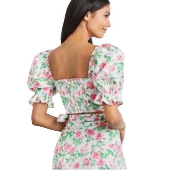 Hill House Isabella Pink Roses Floral Tie Front Puff Sleeve Crop Top NWT - Picture 2 of 12